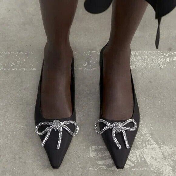 ZARA Black Embellished Bow Flats NWT Size 7.5 - Picture 11 of 16